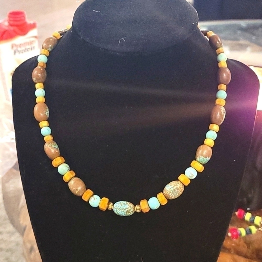 WOOD and stone bead necklace